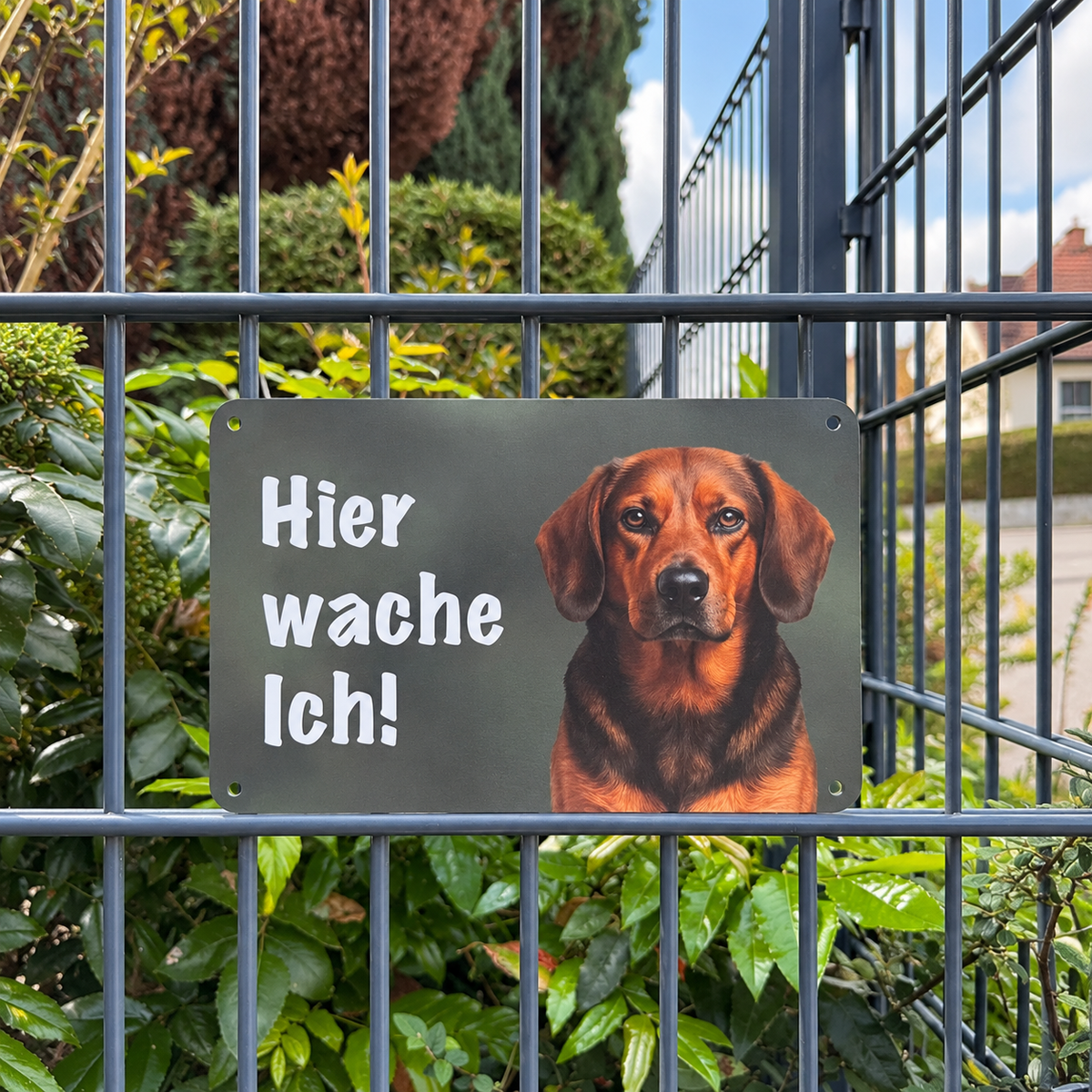 Alpenländische Dachsbracke Warnschild „Hier wache ich!“