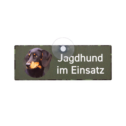 Slovenský Kopov - Schwarzwildbracke Schild "Jagdhund im Einsatz" Jagdschild mit Saugnapf für die Autoscheibe - Made in Germany