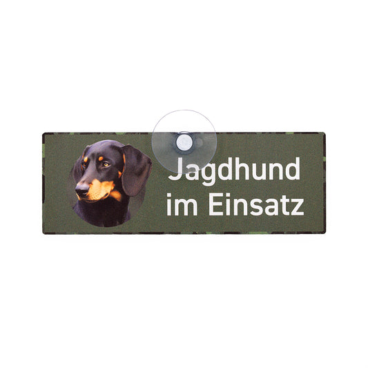 Slovenský Kopov - Schwarzwildbracke Schild "Jagdhund im Einsatz" Jagdschild mit Saugnapf für die Autoscheibe - Made in Germany