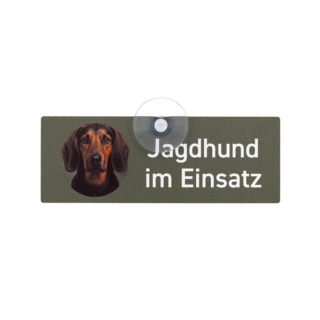 Tiroler Bracke Jagdhund Autoschild „Jagdhund im Einsatz“ mit Saugnapf für die Autoscheibe von Wilde Hilde Original