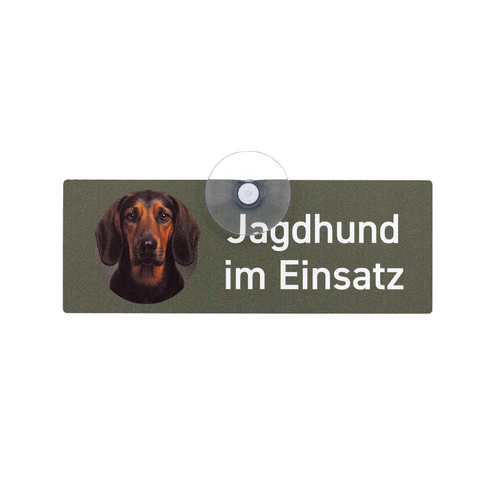 Tiroler Bracke Jagdhund Autoschild „Jagdhund im Einsatz“ mit Saugnapf für die Autoscheibe von Wilde Hilde Original