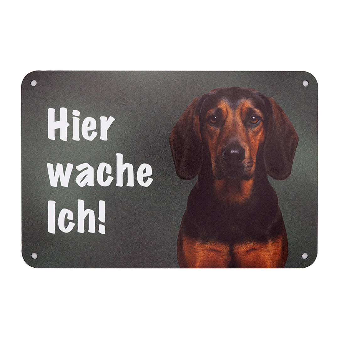 Tiroler Bracke Jagdhund Schild für den Gartenzaun oder Eingangsbereich mit der Aufschrift "Hier wache Ich!", Warunung vor dem Hund. 