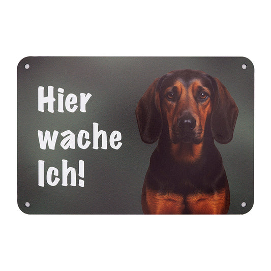 Tiroler Bracke Jagdhund Schild für den Gartenzaun oder Eingangsbereich mit der Aufschrift "Hier wache Ich!", Warunung vor dem Hund. 
