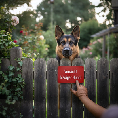 Warnschild „Vorsicht bissiger Hund!“ weinrot