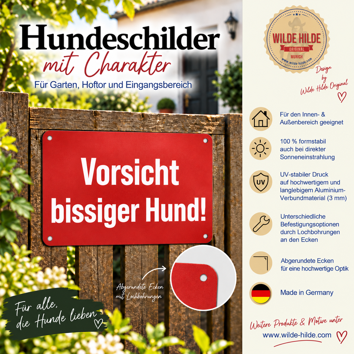 Warnschild „Vorsicht bissiger Hund!“ weinrot