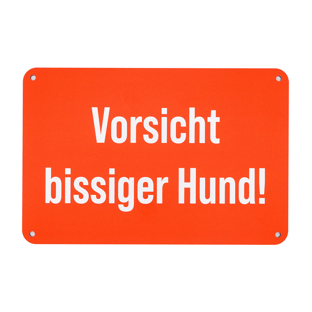 Vorsicht bissiger Hund! Warnschild in roter Signalfarbe aus Metall mit Lochbohrungen zur Befestigung am Gartenzaun oder im Eingangsbereich.