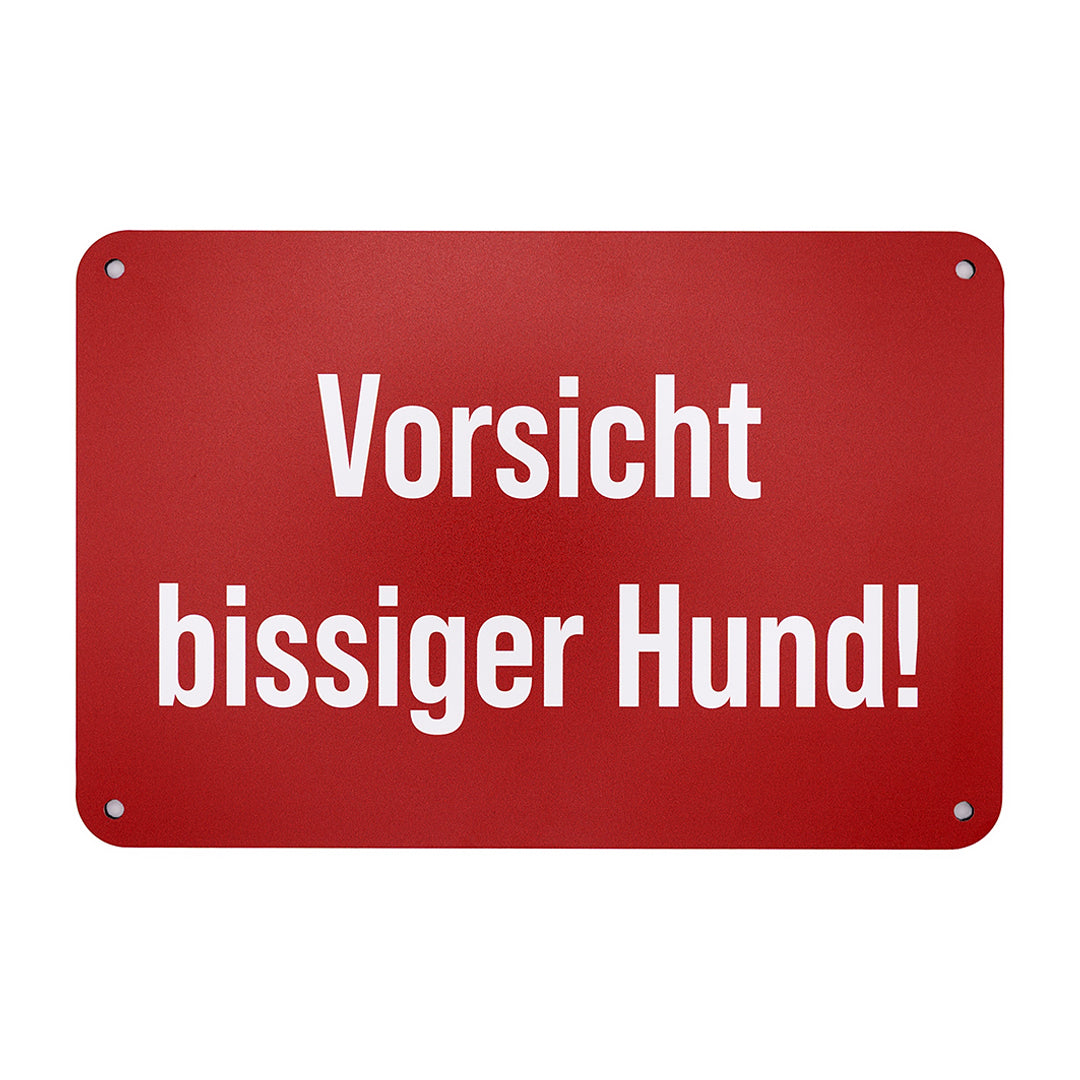 Hunde Warnschild für den Gartenzaun in weinrot mit der Aufschrift "Vorsicht bissiger Hund!" aus Aluminiumverbundmaterial (Metall), Made in Germany.