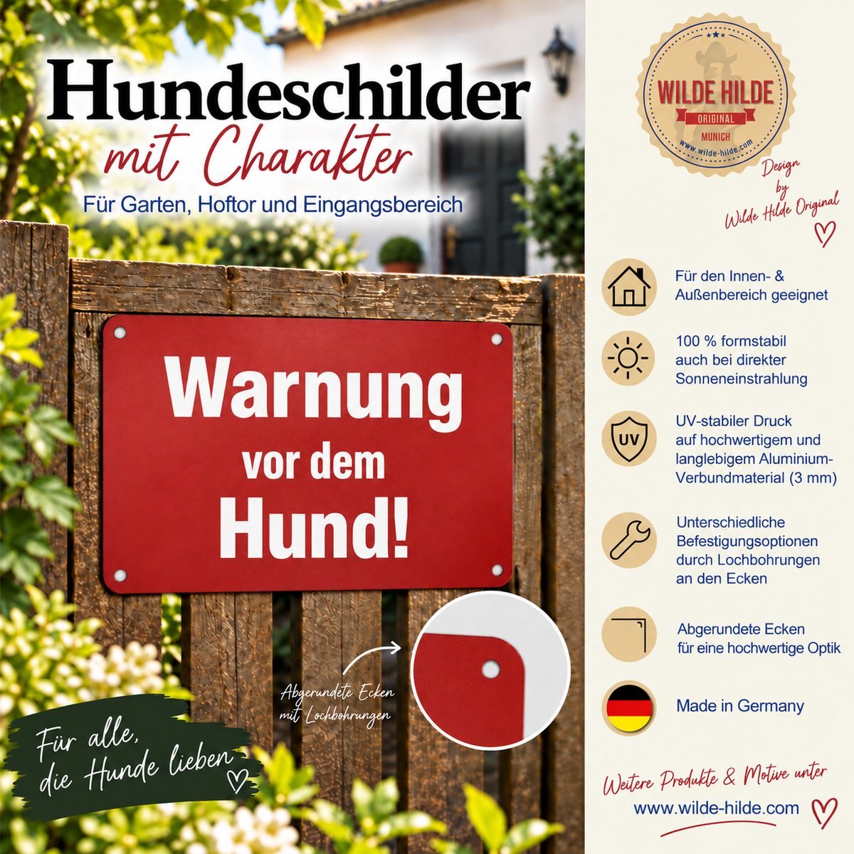 Warnschild „Warnung vor dem Hund!“ weinrot