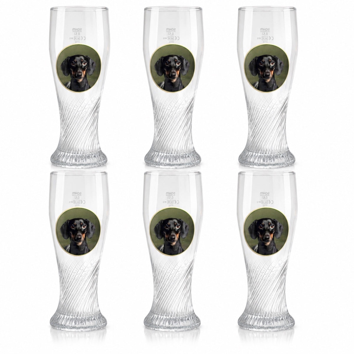 6er-Set Weizenbiergläser mit Kurzhaardackel-Motiv im altbayerischen Design, je 0,5 l, von Wilde Hilde Original.