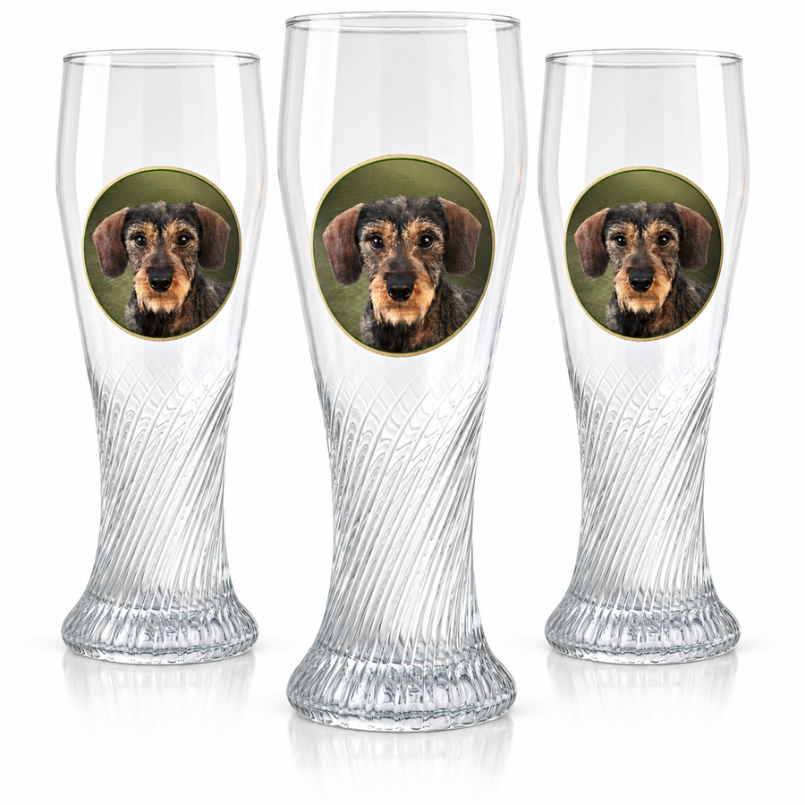 Weizenbiergläser mit Rauhaardackel Motiv im 3er-Set, drei Weißbiergläser mit je 0,5 Liter und Dackelmotiv von Wilde Hilde Original