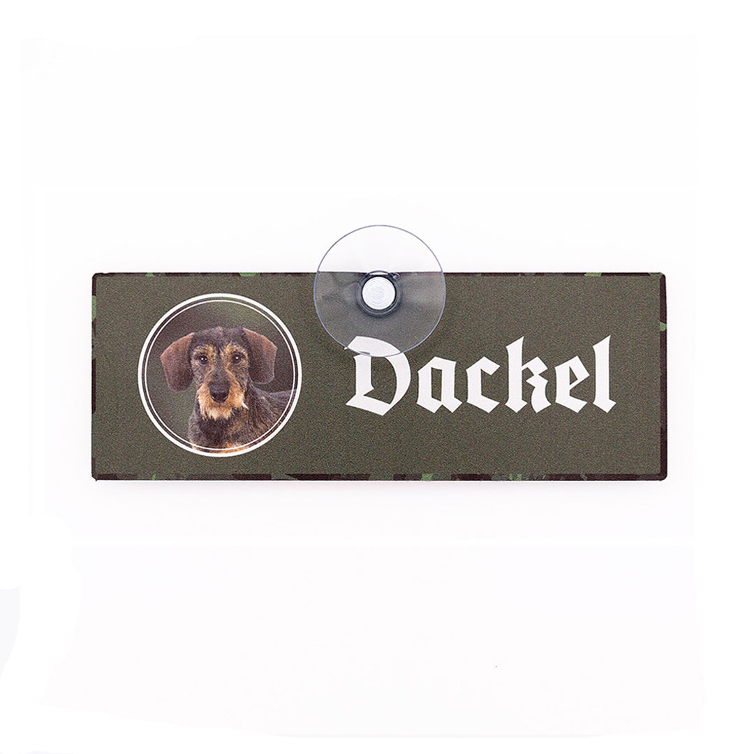 Autoschild mit Saugnapf "Dackel" (Teckel Rauhaar)