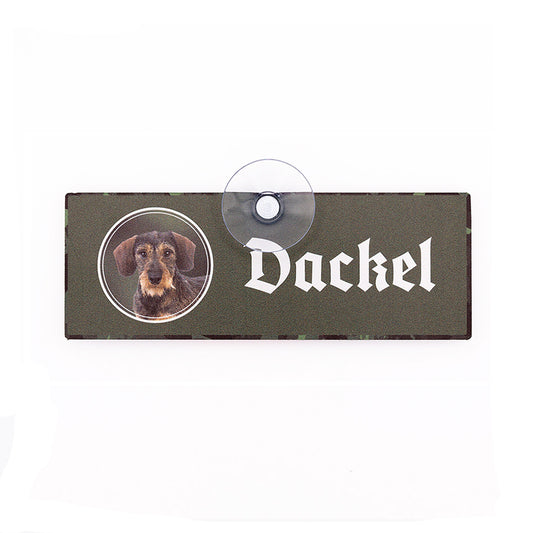 Autoschild mit Saugnapf "Dackel" (Teckel Rauhaar)