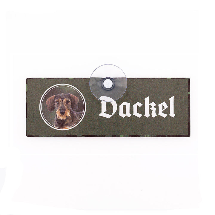 Autoschild mit Saugnapf "Dackel" (Teckel Rauhaar)