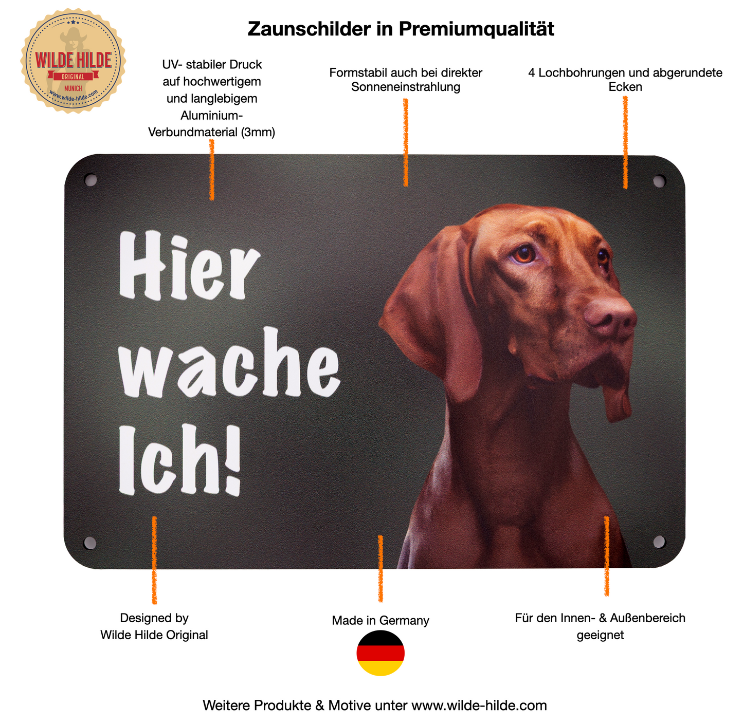 Braque Francais Warnschild „Hier wache ich“ | Jagdhund Hundeschild für Zaun, Tor & Grundstück, wetterfest