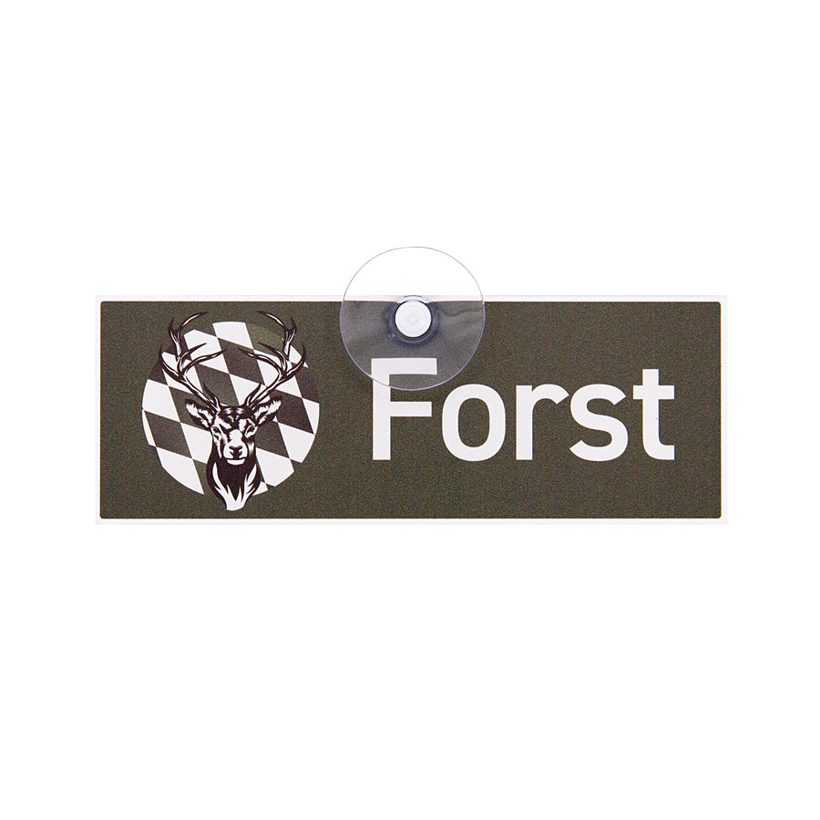 Forstschild mit der Aufschrift Forst und Saugnapf, mit bayerischer Raute und Hirschmotiv aus Aluminiumverbund