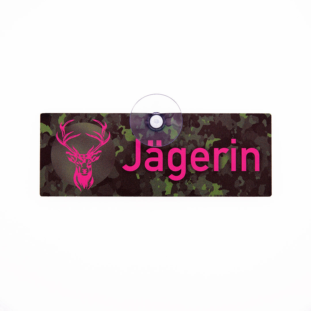 Jägerin Jagdschild für Jagdautos mit Saugnapf für die Autoscheibe mit pinker Schrift